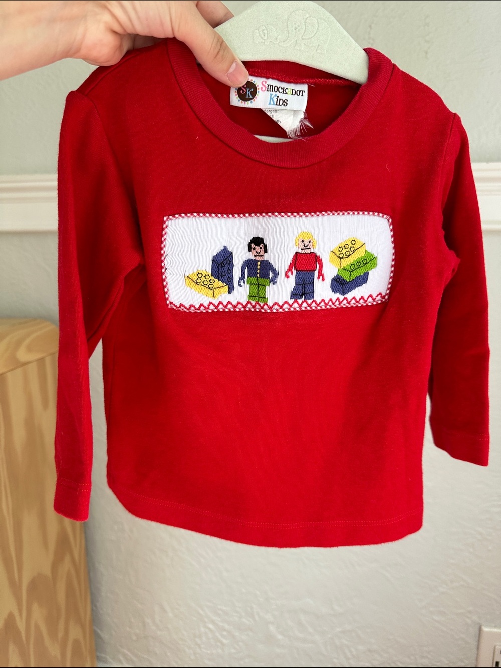 Red Long-Sleeve Smocked Brick Panel Tee